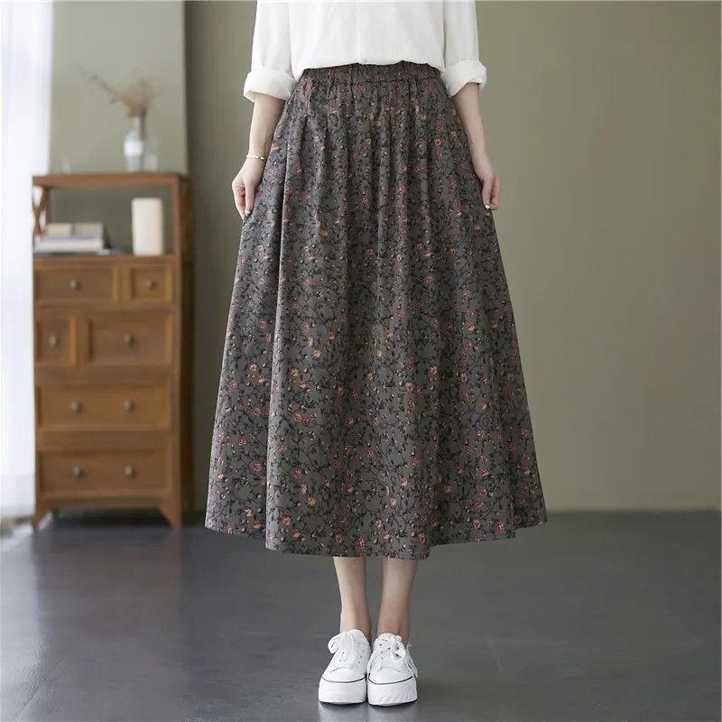 Artistic Retro Ethnic Style Small Floral Half Skirt Plus Size Women's Printed Medium Long A-line Skirt Summer
