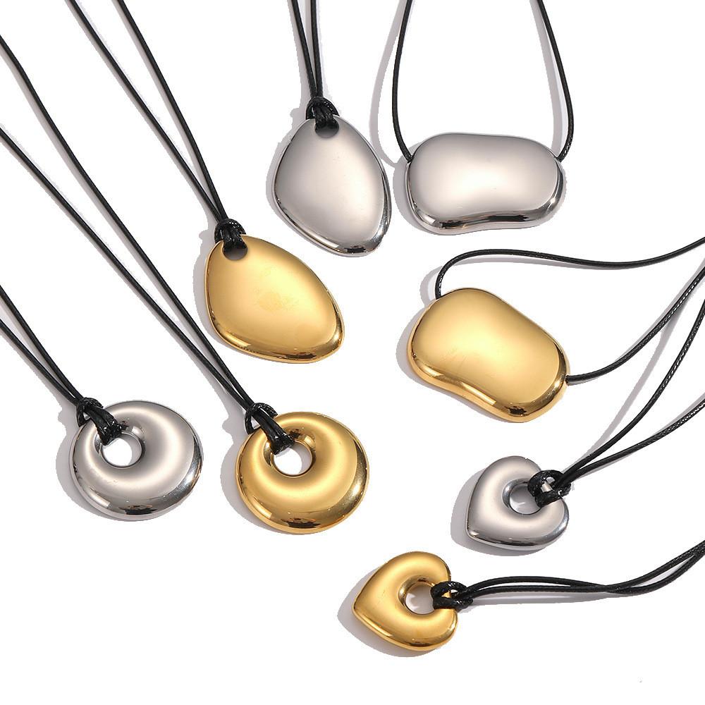 Geometric Stainless Steel Pendant Necklace With Adjustable Wax Cord For Unisex Fashion Accessory