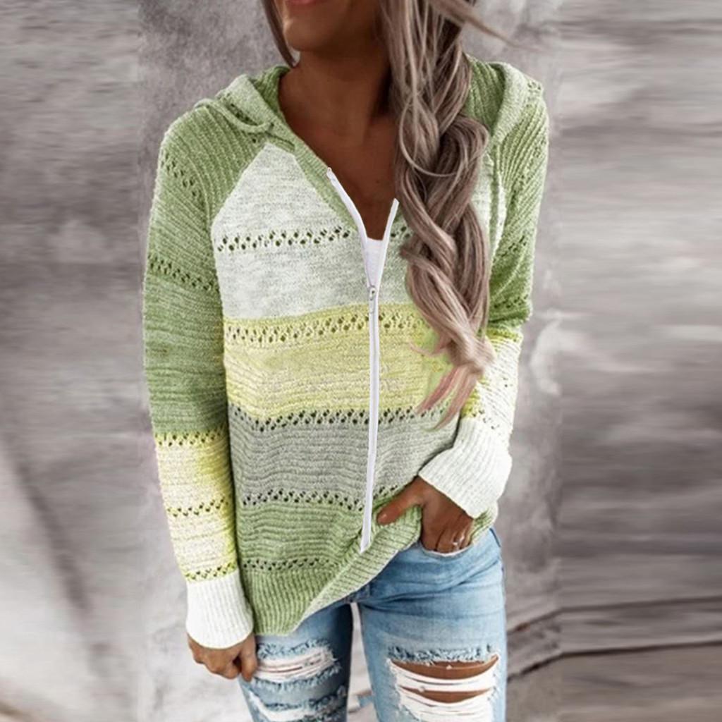 Fashion Women Casual Patchwork Long Sleeves Hooded Sweater Cardigan Blouse Tops