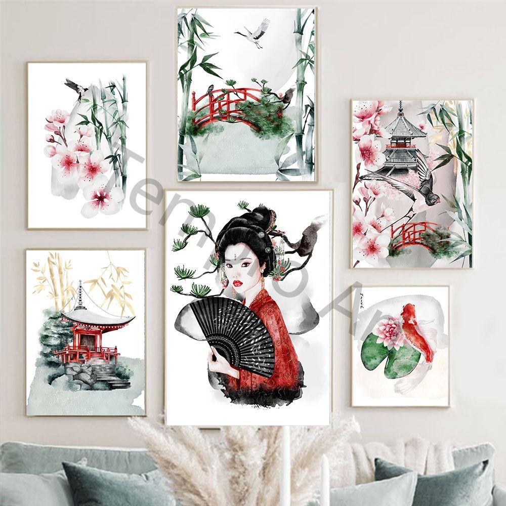 

Акварельные чернила, холст, картина, японская гейша, журавль, кои, рыбный храм, бамбуковый плакат, печать, настенная художественная картина, гостиная, домашний декор