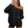 Women S Color Block Off Shoulder Hooded Long Sleeve Casual Sports T Shirt