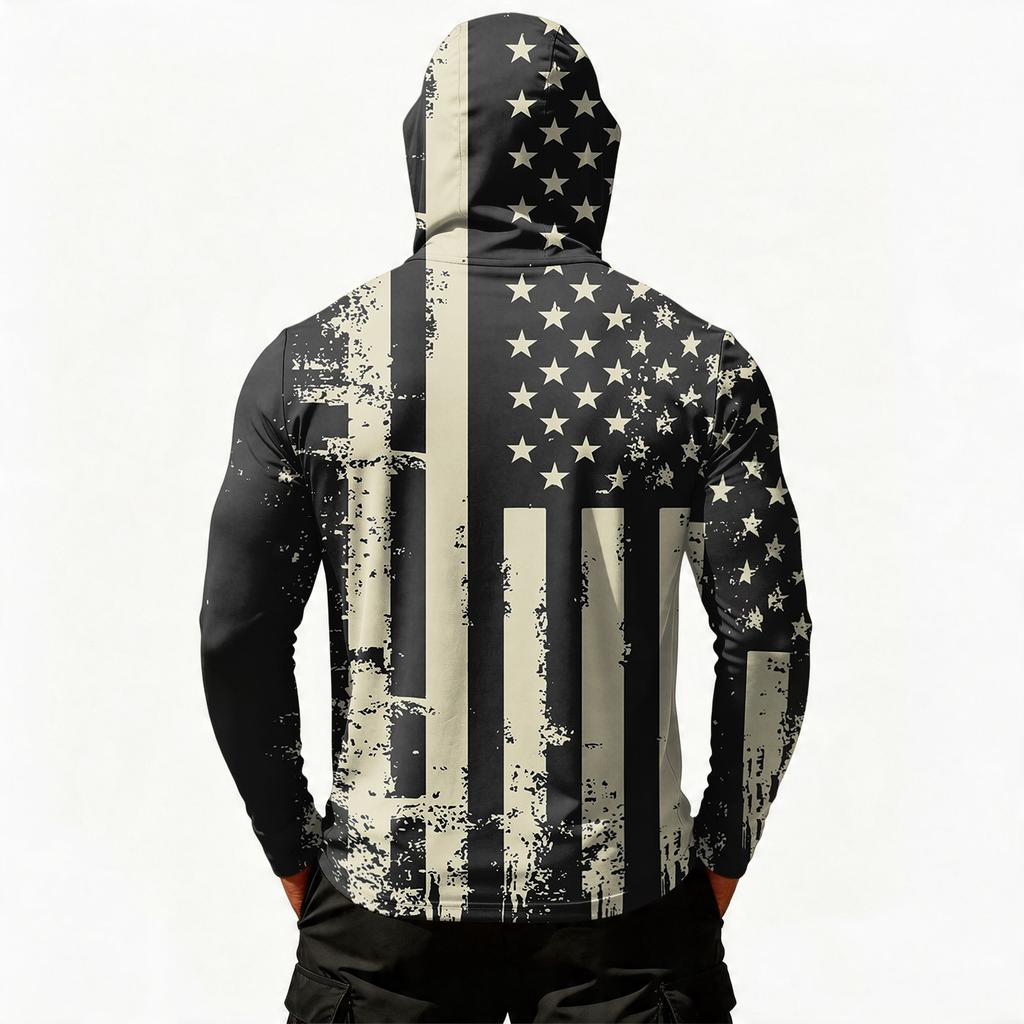 Men’s Casual Hooded Long Sleeve Sun Protection Top with Independence Day Print Lightweight Pullover for Outdoor Activities