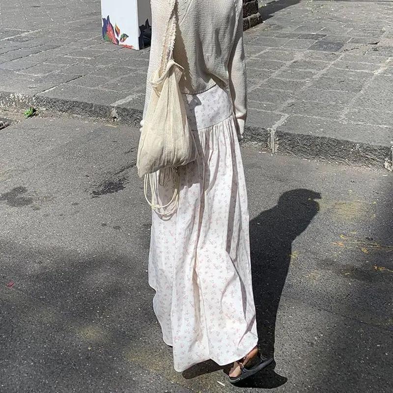 Women Sweet Small Floral High Waist Spliced Long Casual Maxi Skirt