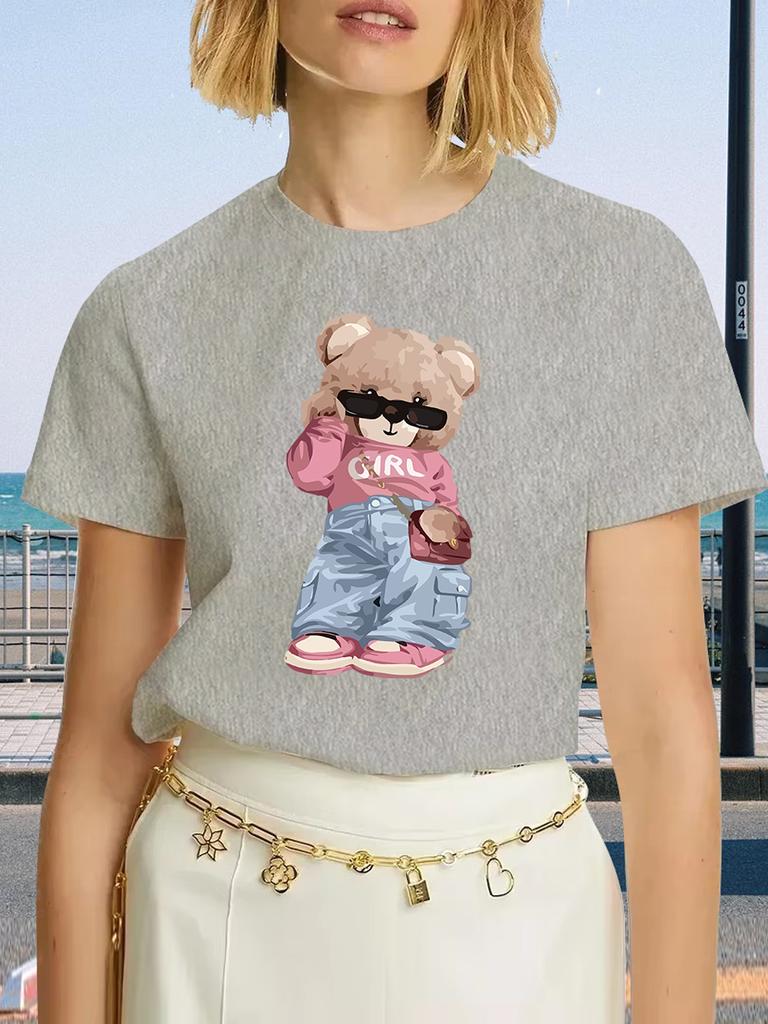 Cute Bear Print T-shirt Short Sleeve Crew Neck Casual Top For Summer & Spring Women's Clothing T Shirt Female Tops Streetwear