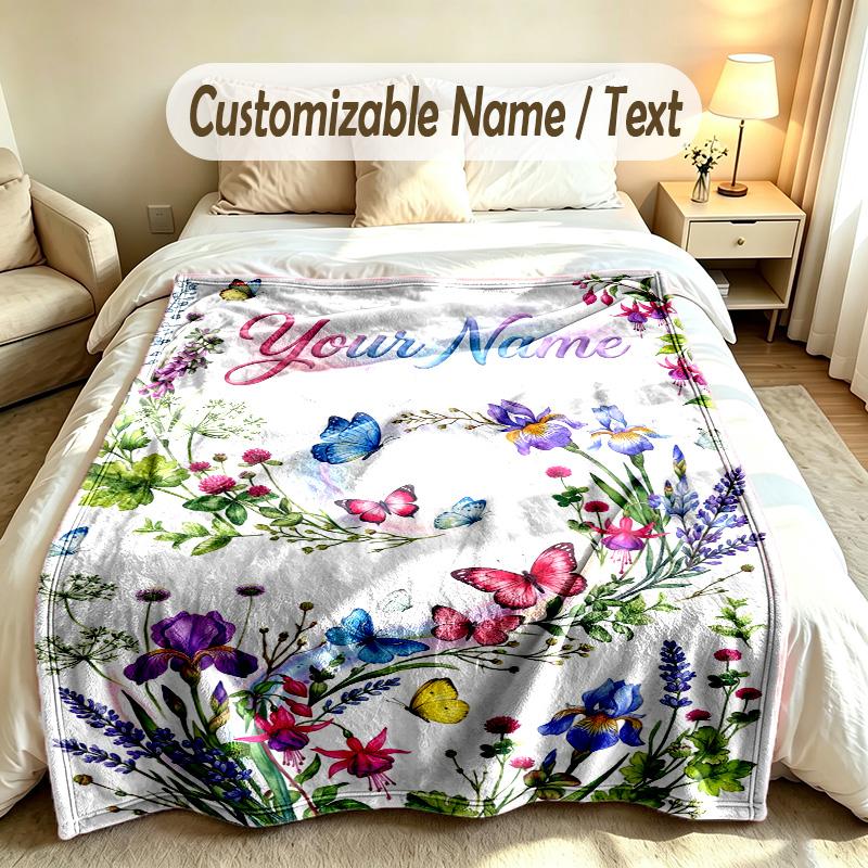 Floral Garden Theme Soft Blanket Personalized Custom Name Text Print Warm Blanket Home Sofa Bedroom Decor