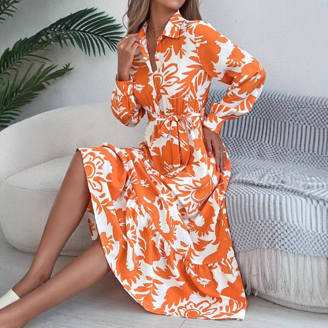 

HNXC Весенне-летнее повседневное платье-рубашка с длинным рукавом с цветочным узором, длинное платье с оборками, женская одежда XL оранжевый