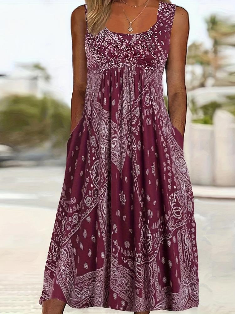 Retro Sleeveless Summer Dress with Crew Neck and Pockets – Loose Holiday Print Style