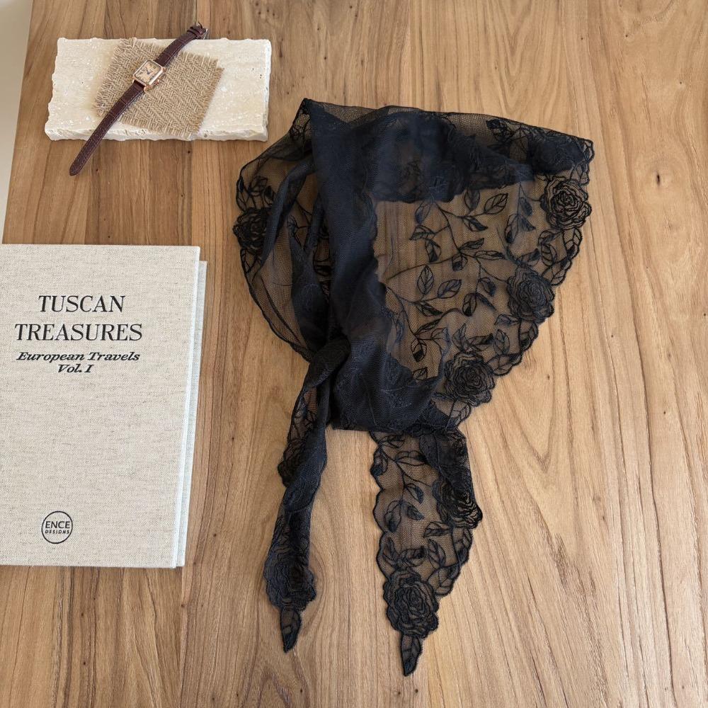 Breathable Mesh Rose Scarf Three-Dimensional Rose Silk Scarf French Style Triangle Scarf Women чёрный