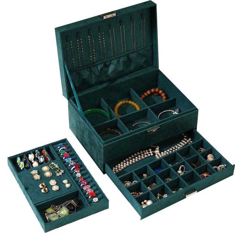 Große 3-lagige Schmuckschatulle mit Lederoberfläche, Schubladenschrank, Halsketten-Organizer