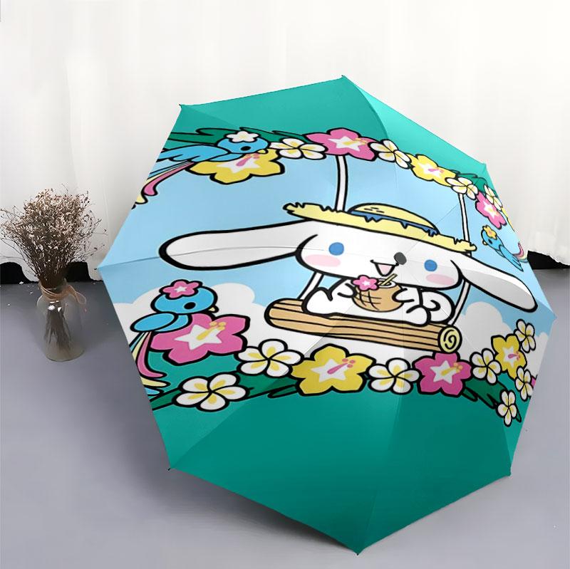 Portable travel umbrella with cute Sanrio character designs, UV-protective folding umbrella.