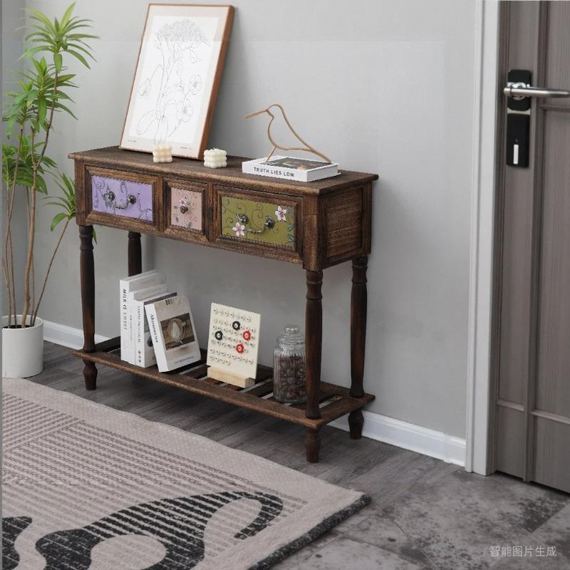 Vintage American Solid Wood Entryway Console Table Anti-Corrosion Hallway Cabinet with Drawers for Living Room & Balcony Storage