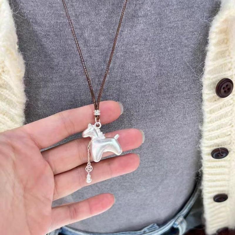 #1/2Pcs Vintage Simple Unique Chinese Zodiac Horse Sweater Chain Silver Foal Copper Coin Gourd Necklace Classical Pony Pendant