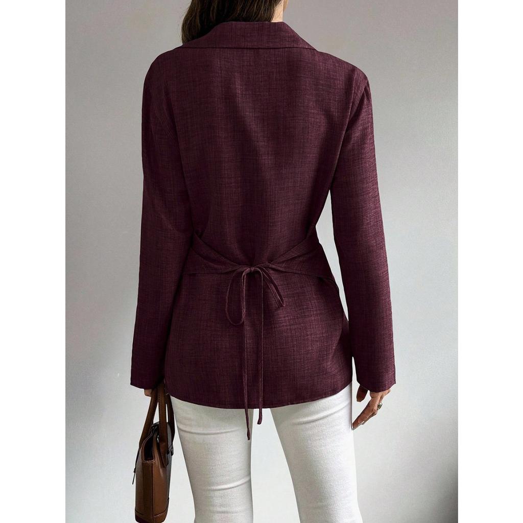 Spring and Autumn New Long Sleeve Shirt Lapel Strap Slim Temperament Commuter Cardigan Top