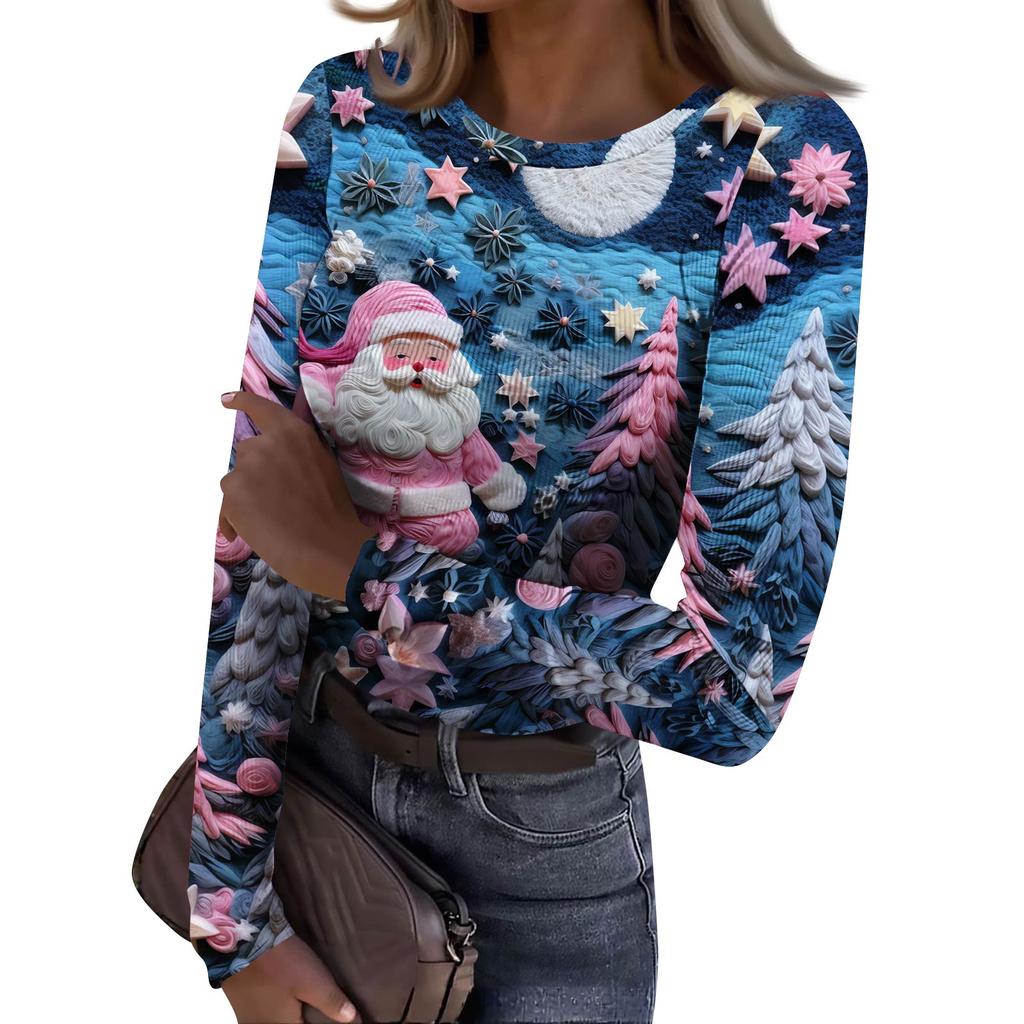 Women's Slim Bottom T-shirt Fashion Casual Gradient Printing Round Neck Pullover Long Sleeve Top