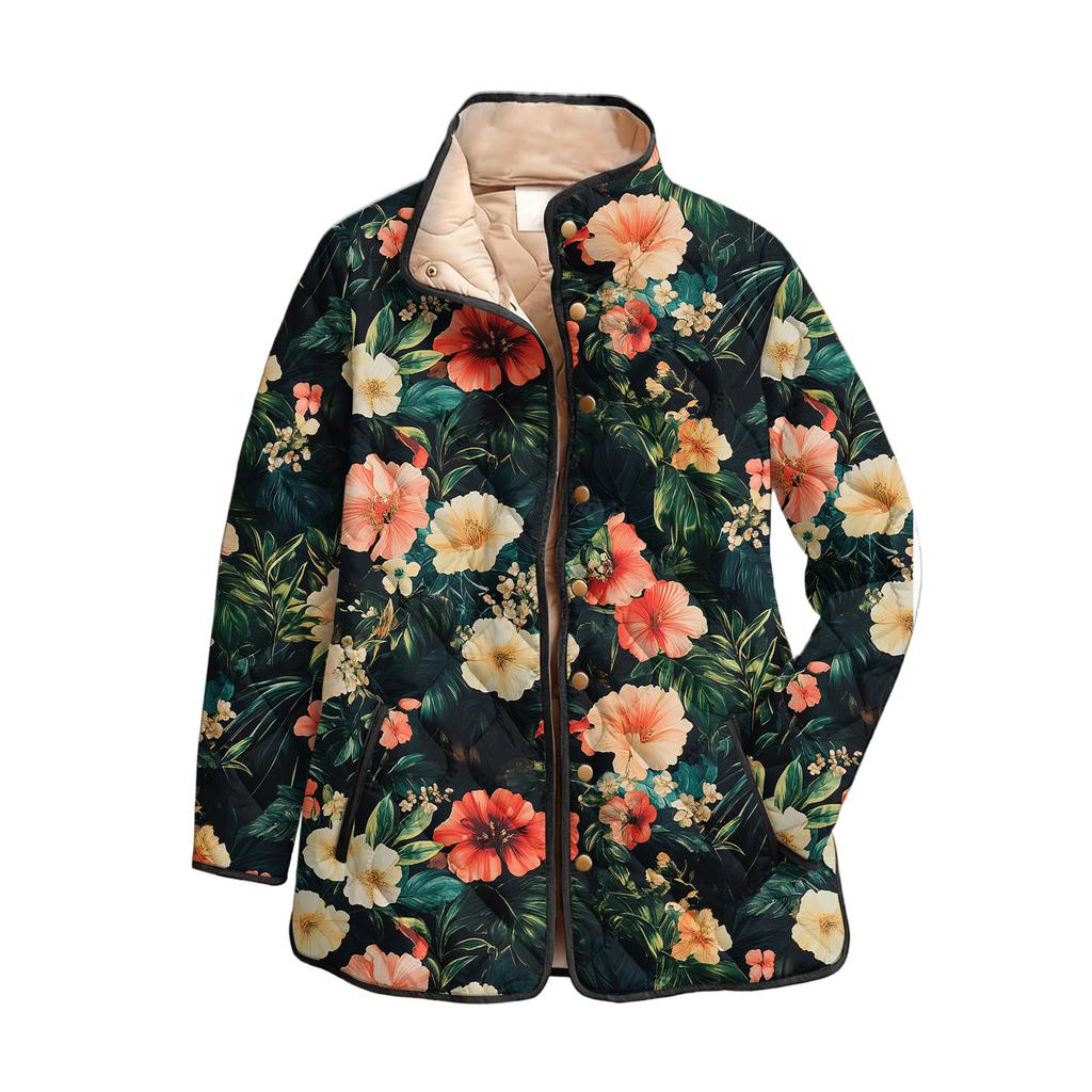 Women's Floral Print Stand Up Collar Pleated Cotton Long Sleeved Button Cotton Jacket