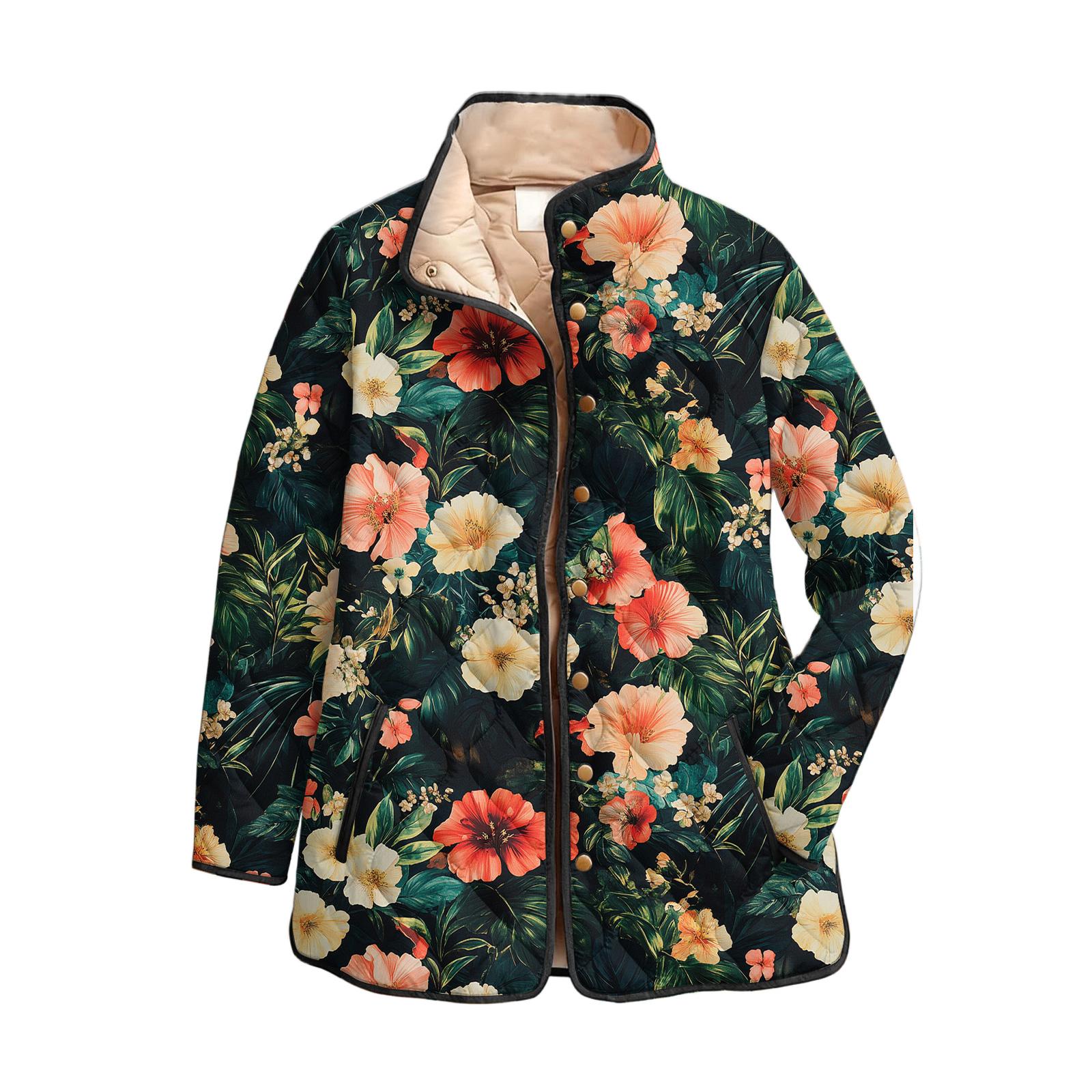 

Women s Floral Print Stand Up Collar Pleated Cotton Long Sleeved Button Cotton Jacket M