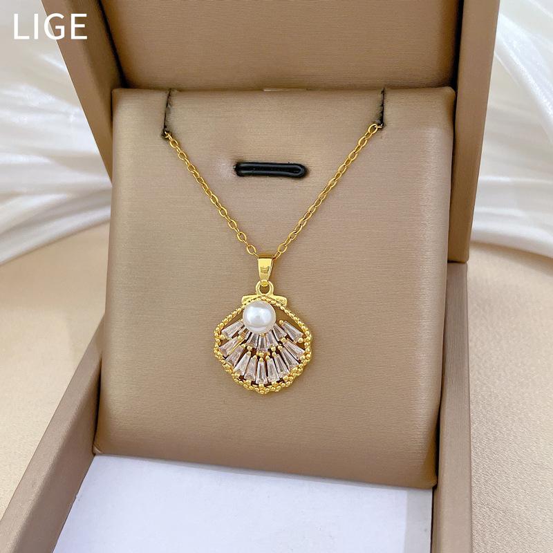 Empty Shell Pearl Full Diamond Light Luxury Temperament Gorgeous Full Diamond Necklace Women'S Versatile Clavicle Chain Titanium Steel