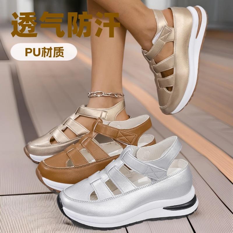 2025 foreign trade new women's thick-soled heightening sandals large size hollow round head inner heightening sports sandals