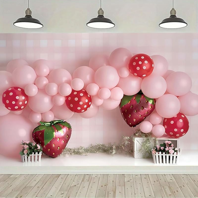 Pink Balloons Strawberry Photography Background Girls Birthday Party Decoration Sweet First Birthday Party Supplies Baby Shower Party Cake Smash