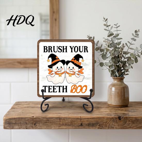 Bathroom Countertop Ornament Halloween Wooden Table Sign, Cute Spooky Ghost Plaque with Autumn Home Decorations Metal Stand for Kitchen Shelf