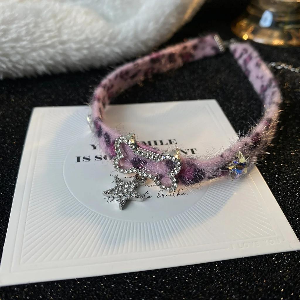 Pink Leopard Print Dog Bone Punk Trendy Adjustable Chokers Necklace for Women Girls Plush Fashion Goth Y2K Pendant Jewelry Gift