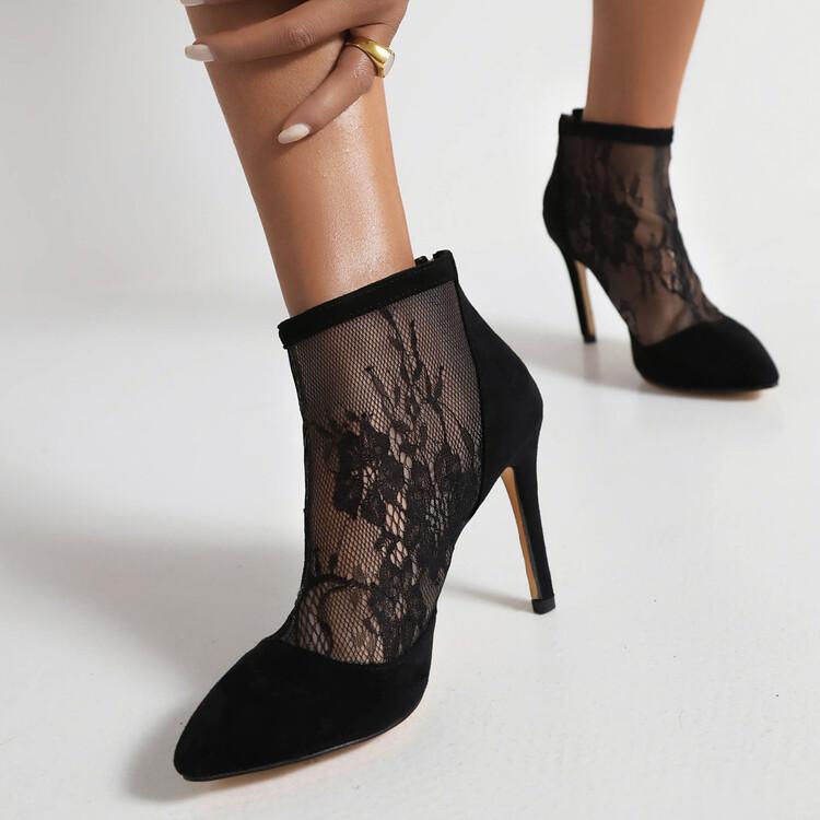 Sexy stilettstøvler kvinner Blomster blonder Mesh Nett naken ankelstøvletter Tynne høyhælte pek-tå sko stor størrelse 48