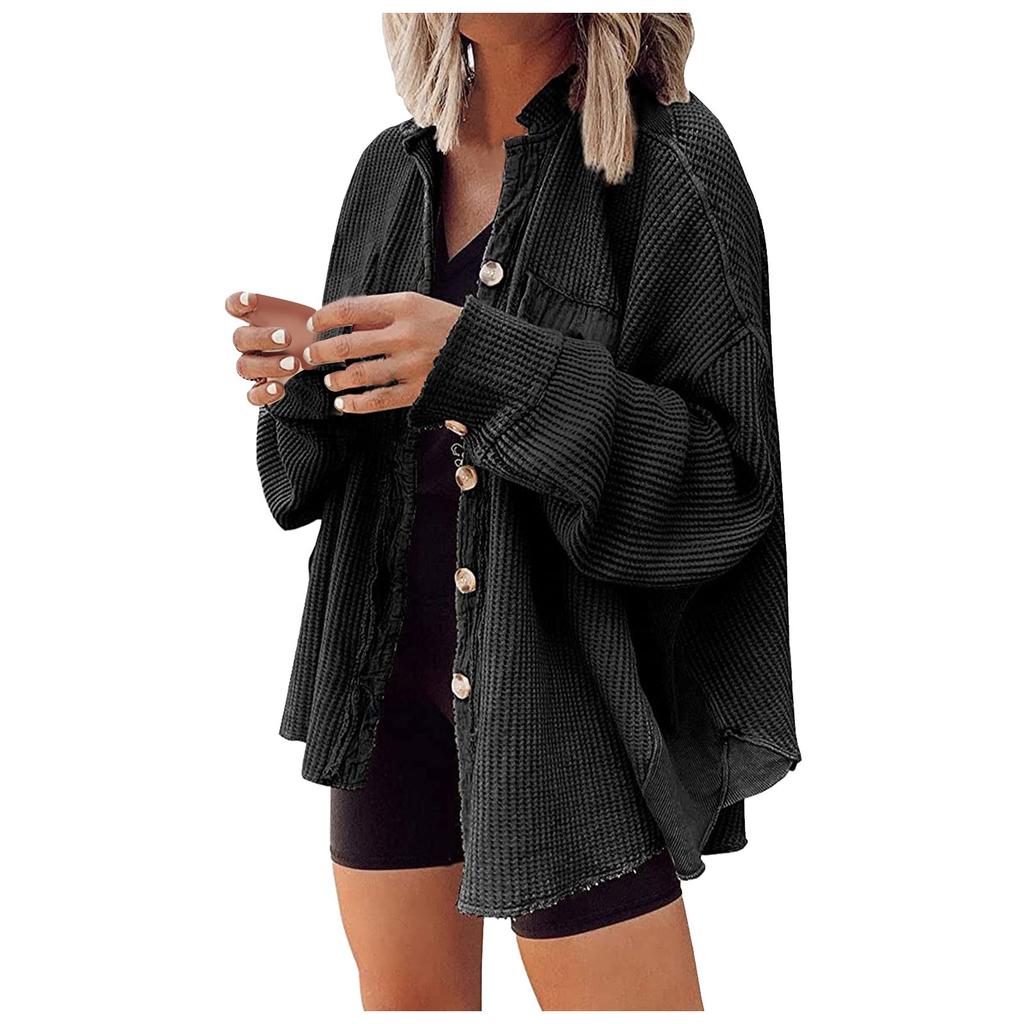 Women's Solid Color Loose  Sleeve  Knitted Button Shirt Frayed Hem Top