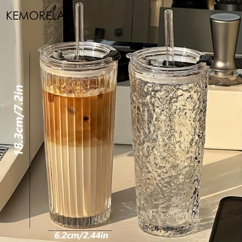 1PCS Crystal Grid Glass Tumbler with Straw & Lid Diamond or Vertical Stripe Texture Large Capacity Reusable Cup for Iced Coffee