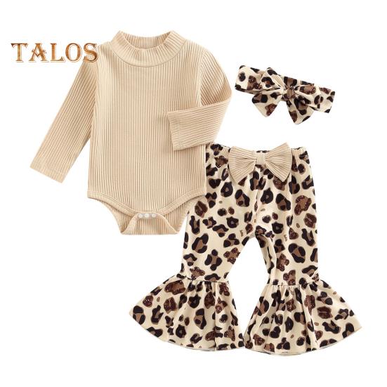 3 Pcs/Set Children Top Pants Headband Suit for 0-24 Months Floral Printing Flared Trousers High Collar Knitted Bodysuit Bow Headband Photo Prop