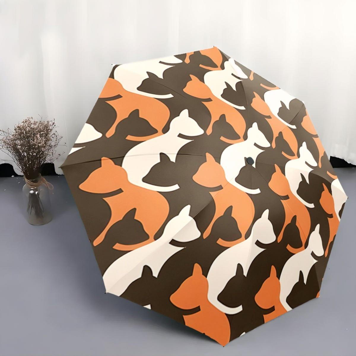 Automatic Open/Close Folding Umbrella with Stylized Cat Silhouettes - Compact Travel Umbrella, Brown/Orange/White Color Scheme (as the picture,Iron&8K)