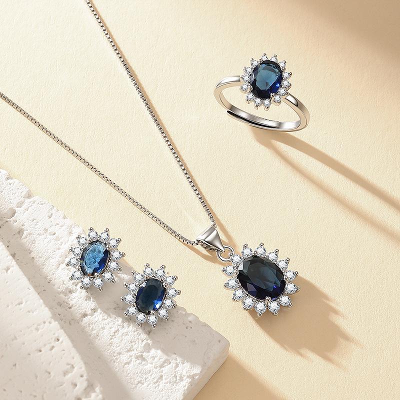 2026 Blue Red Yellow Green Purple and White Gemstone Zircon Princess Crown Necklace Set Ring Earrings Pendant Female 45CM