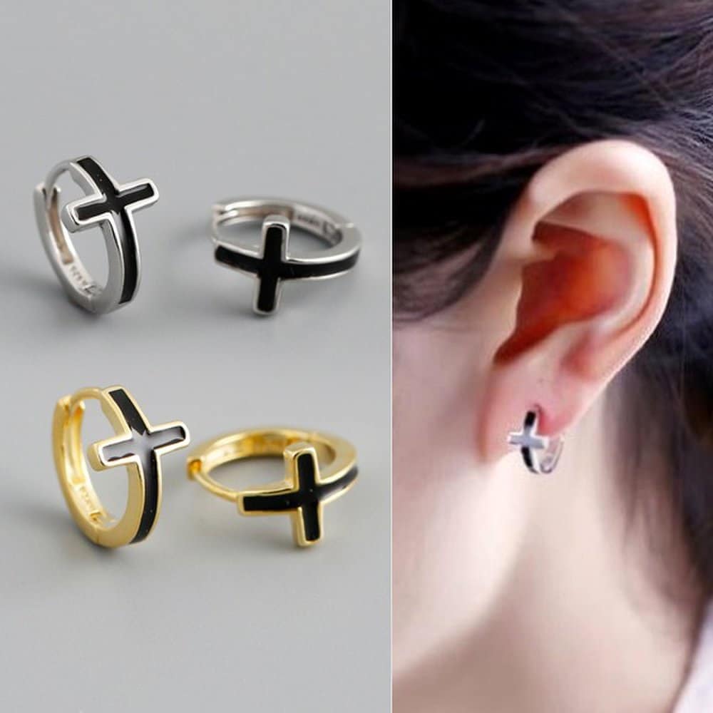 S925 Black Two-Block Cross Ring Piercing Set of 2 P0719