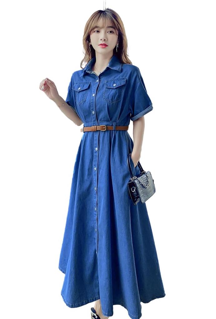 Seira Summer Denim Shirt Long Short Lightweight Solid with Office Lady Elegant Women's Dress, Dress, Dress, Sleeve, A-Line, Dress, Turn-Down Collar,
