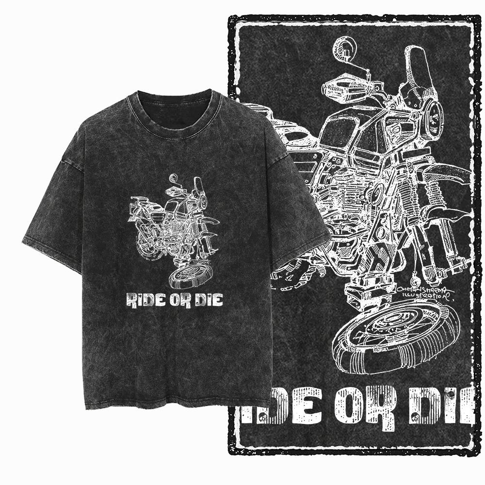 YM MOTOR CYCLE THEME Printed Cotton Acid Washed Graphic Unisex T Shirt Cool Streetwear Men Tshirts Tee for Men