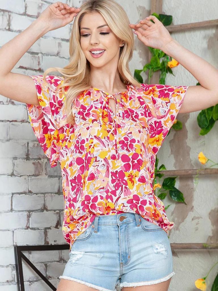 2025 Women's Summer V-Neck Ruffle Short Casual Printed Shirt