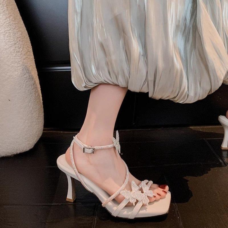 Fashion Fashion Crystal Butterfly Knot Stiletto Sandals Summer New Square Head Open Toe Stiletto Set Foot Non-slip High Heels