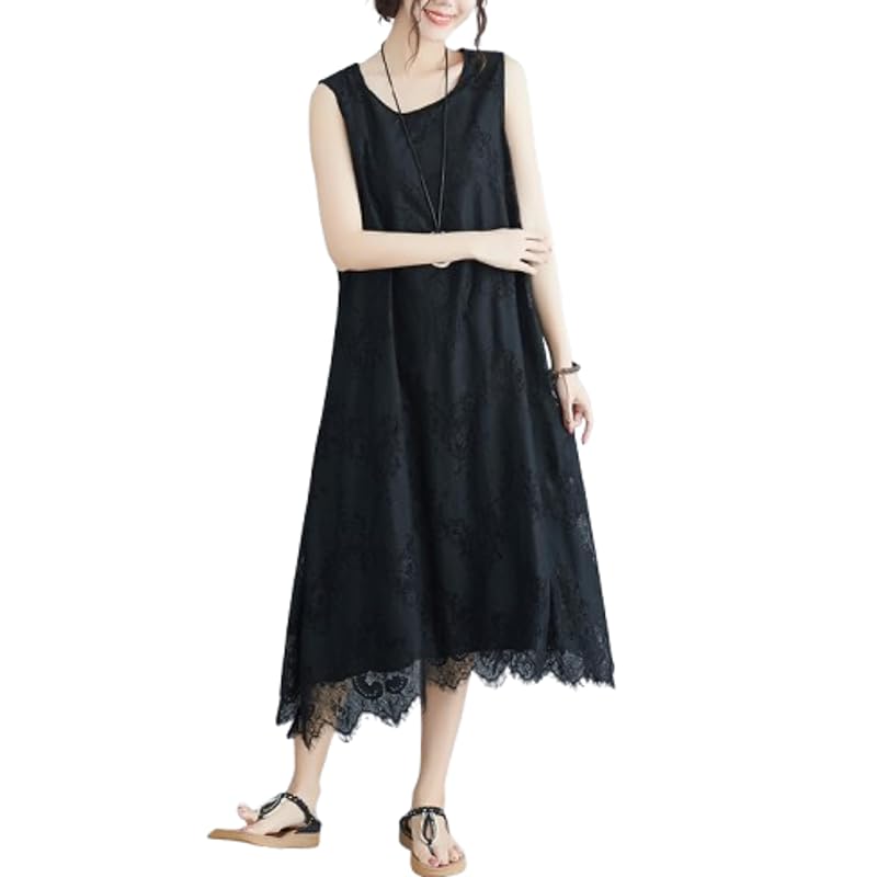 

[chutn] race one piece long Sheer beautiful A-line U-neck Plain color big size sleeveless knee length party black and white spring/summer Elegant