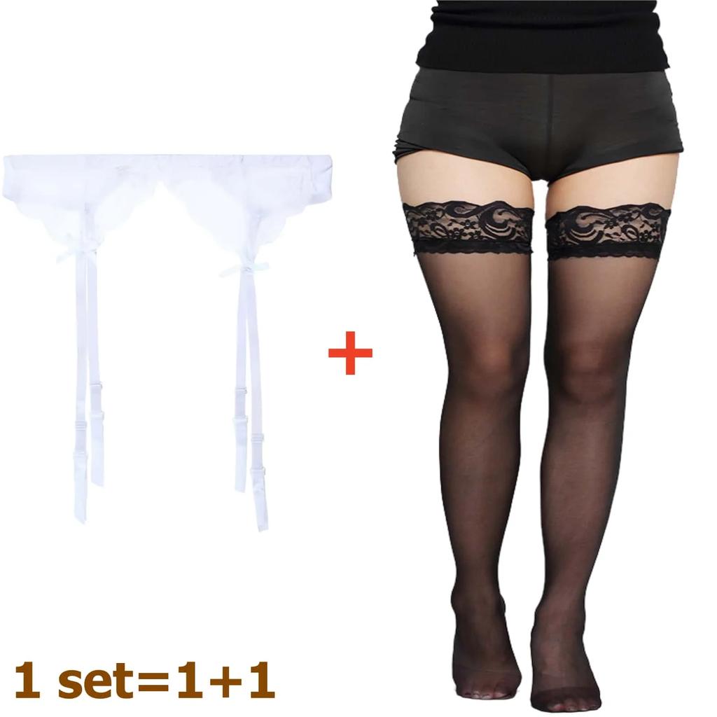 2Pcs Women'S Adjustable Non-Slip Stockings High Waist Garter Belt Plus Size Sock Set Lace Mesh Suspender One-Piece Pantyhose Xxl