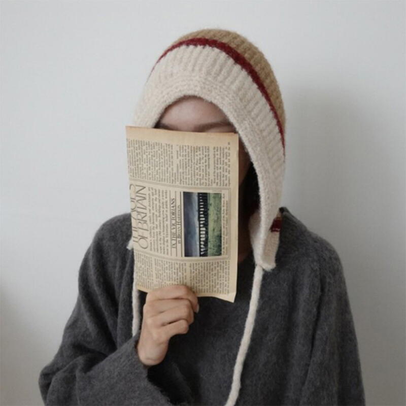 Women s Color Block Hooded Knit Hat with Strap Balaclava Blue