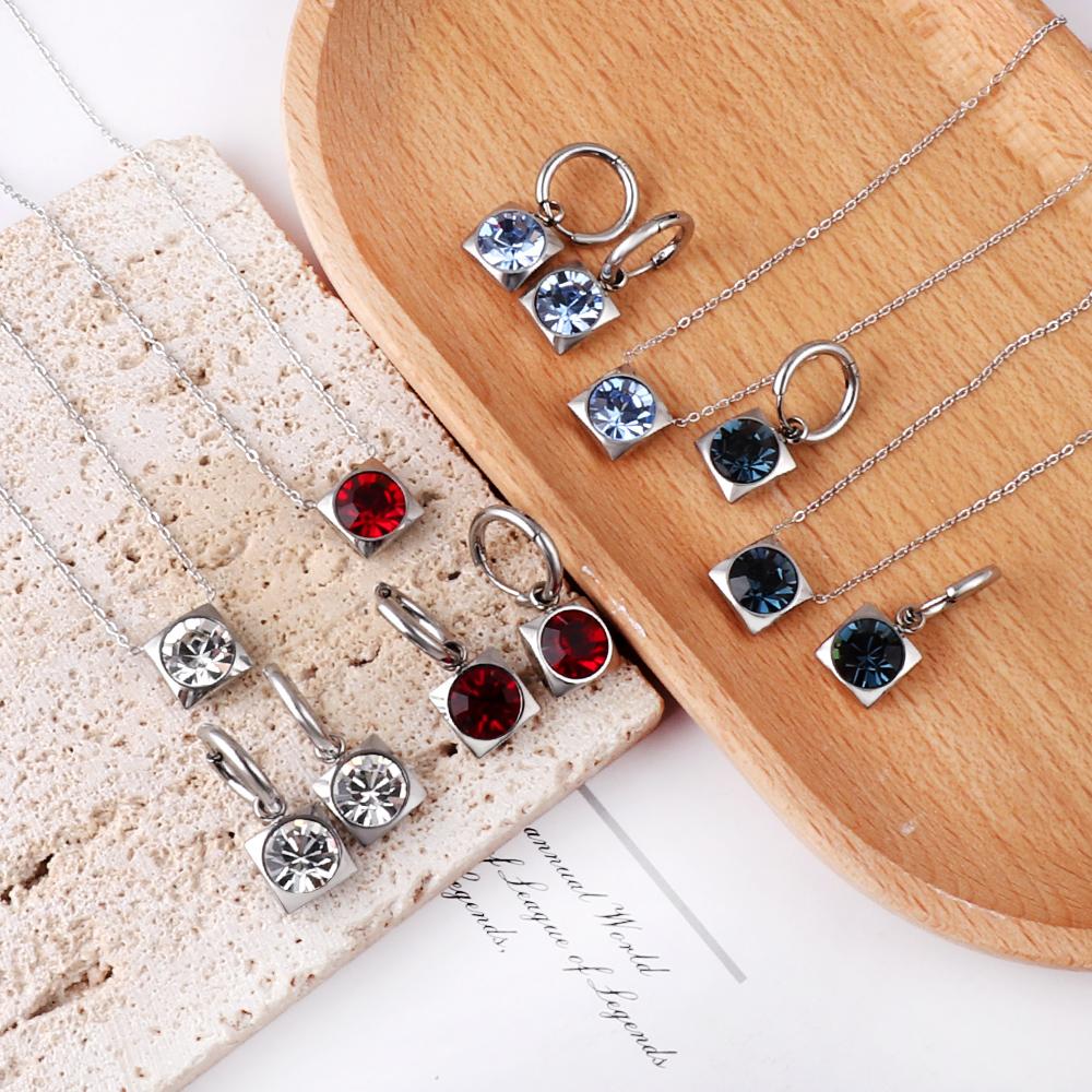 Square Multiple Color Crystal Pendant Necklace Earrings Set Stainless Steel Zircon Set 2Pcs For Women Party Gifts Free Shipping