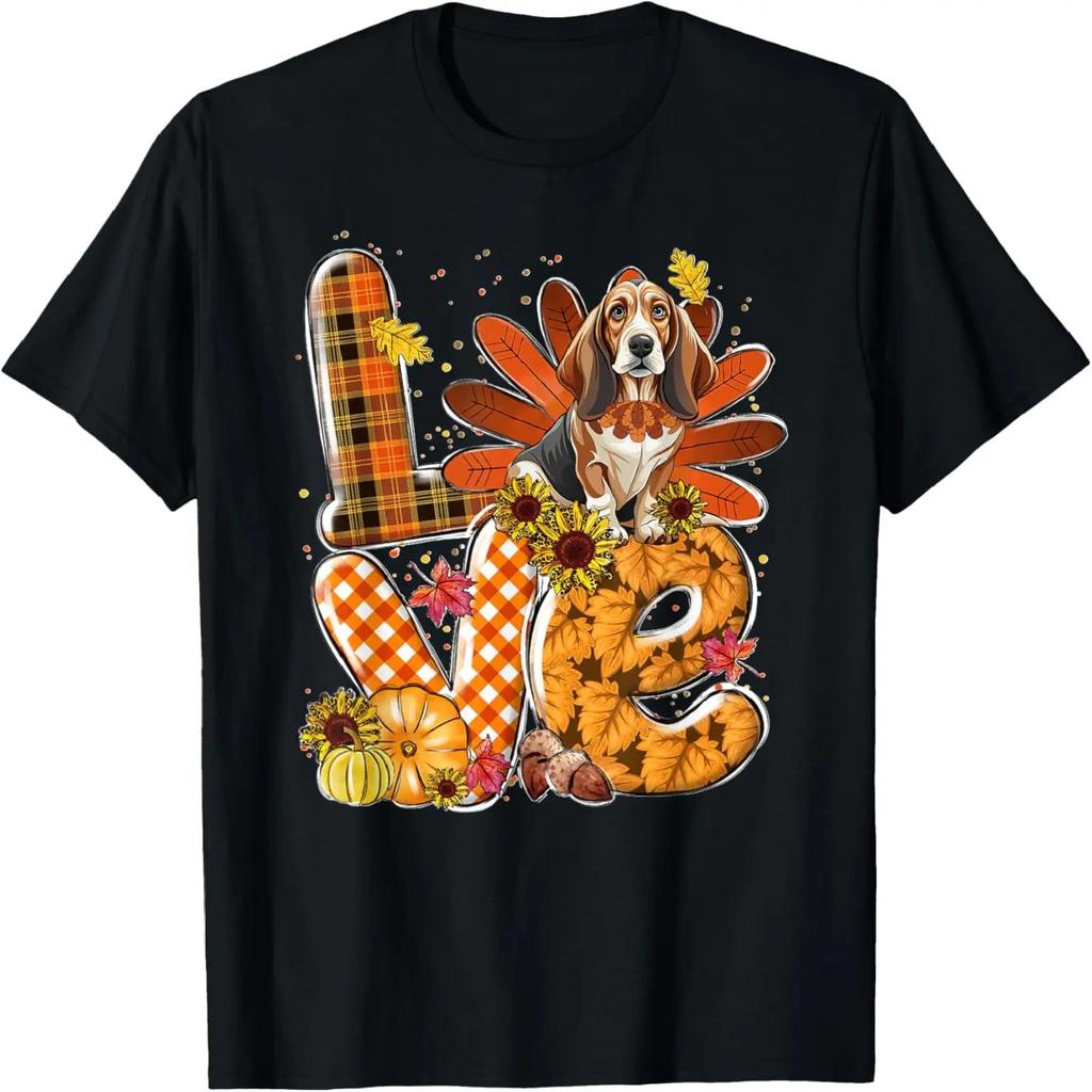 LOVE Thanksgiving Cute Basset Hound Turkey Pumpkin Fall T-Shirt