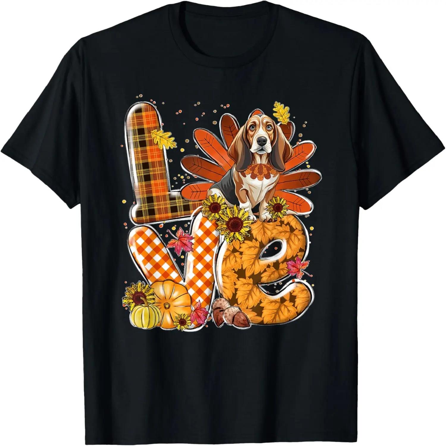 LOVE Thanksgiving Cute Basset Hound turkey Pumpkin Fall T-Shirt S