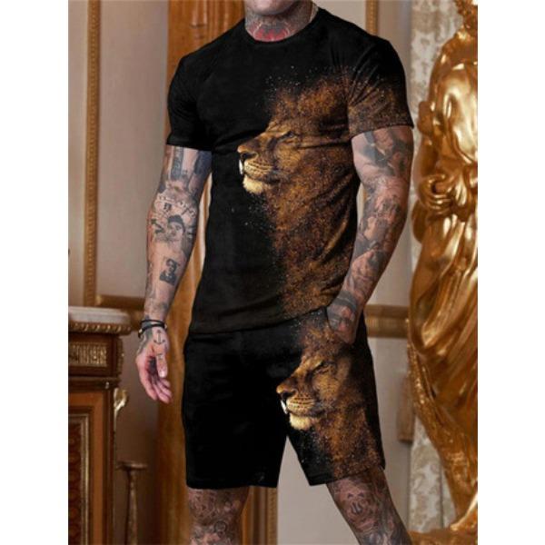 Summer Round Neck 3D Lion Printed Set Fashionable and Casual Short Sleeved Shorts Men's Clothing Sets Sport Wear