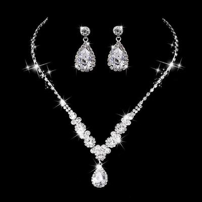 Bridal Jewelry Set: Angel Tear Drop Necklace & Earrings with Sparkling Rhinestone Zircon