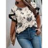 Women's New Summer Round Neck Spliced Ruffle Loose Printed Short Sleeve Tops T-shirt