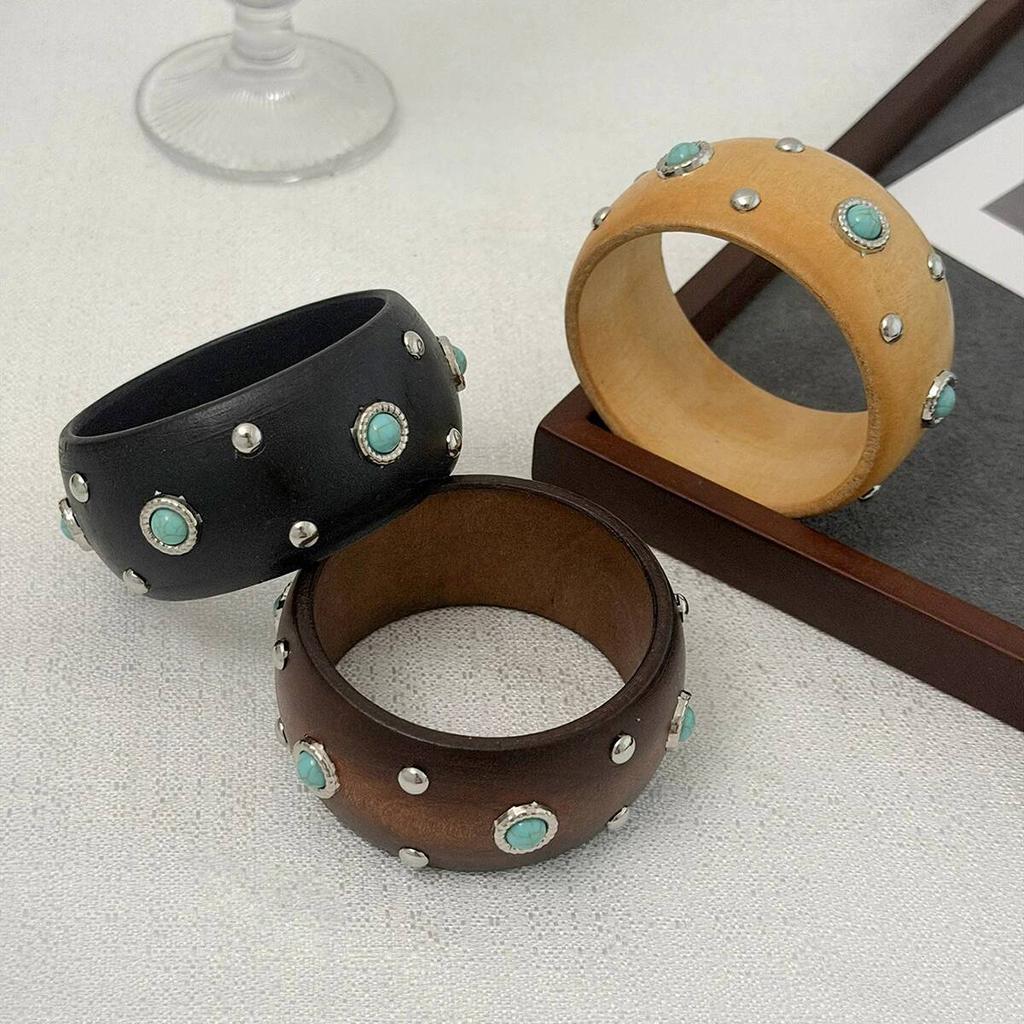SHIXIN Vintage Irregular Hyperbole Wooden Cuff Bangles Women Punk Round Geometric Wide Inlaid Turquoise Bracelets Chunky Jewelry