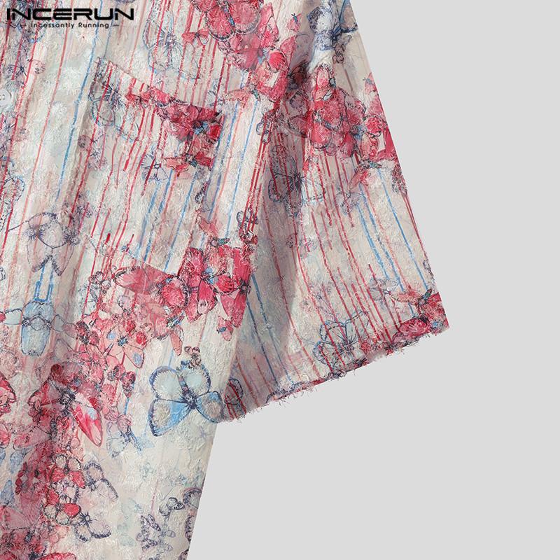INCERUN Men Lapel Collar Floral Print Short Sleeve Shirts Casual Tassel Texture Tops