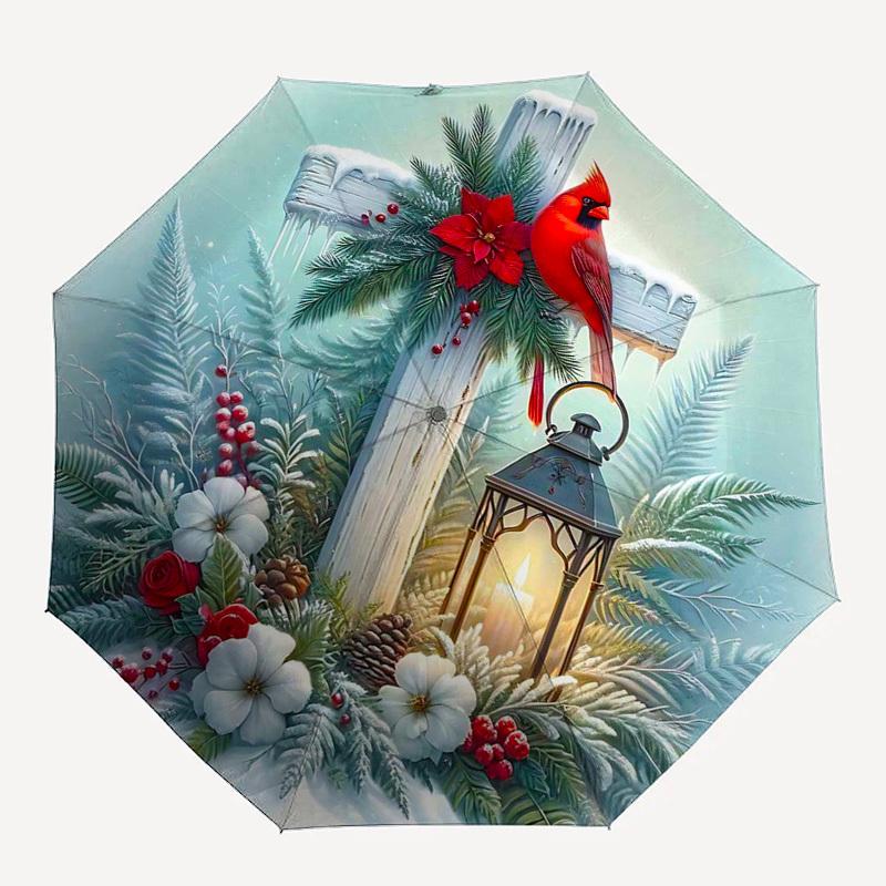 1pc Winter Cross with Red Cardinal, Festive Decoration for Outdoor Use, Auto-Open Close Umbrella with 8-Bone Iron Frame, Perfect Gift for Fans, Travel