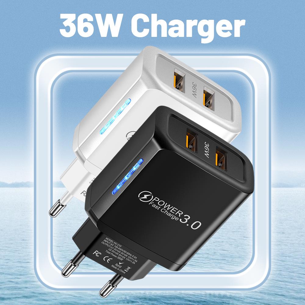 Mark 36W Dual USB Charger with LED, Dual Port for Fast Charging, Travel Charger