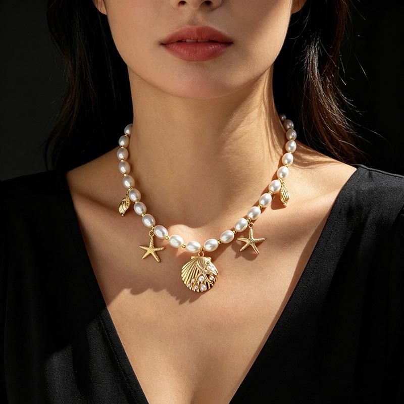 Bohemian Faux Pearl Seashell Starfish Pendant Necklace